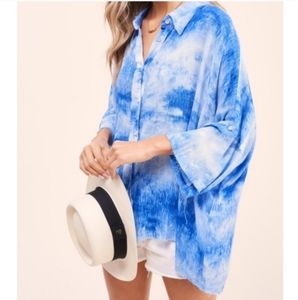 New! Oversized Tie Dye Button Down Top in OCEAN BLUE NWT New